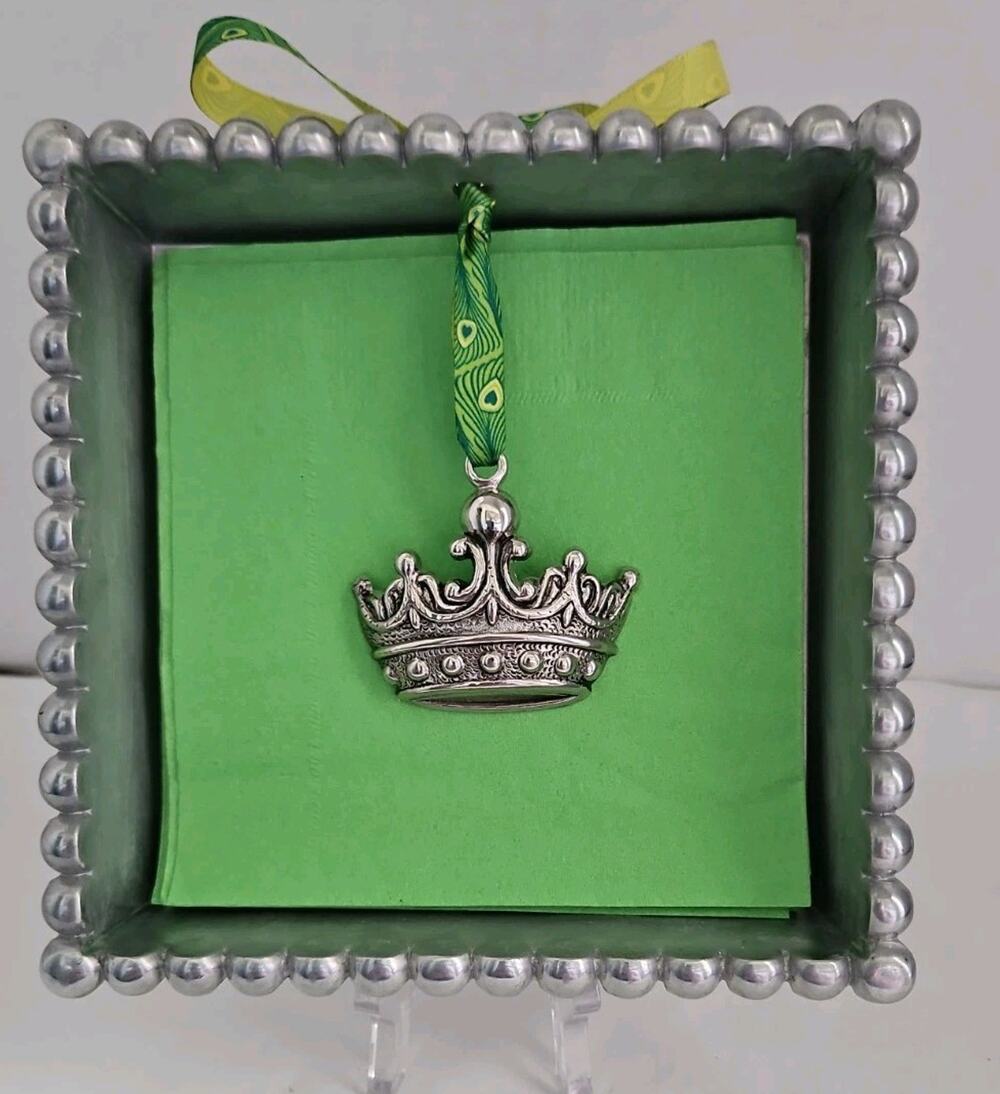 MUDPIE Pewter Metal Beaded Edge Cocktail Napkin Basket With Crown Weight